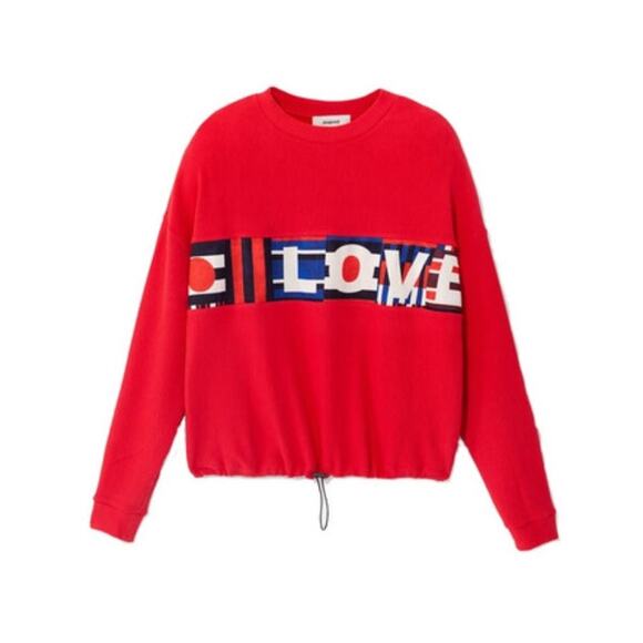 Desigual Eco Adjustable Red Ribbed Love Olympia Sweatshirt Top - US Size S - NEW - Picture 1 of 16